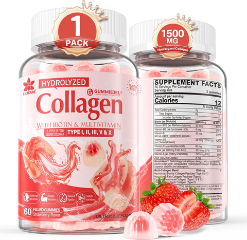 Hydrolyzed Collagen Sugar-Free Peptide Filled Gummies for Women & Men, with 1500mg Protein Type I,II,III,V,X, 5000mcg Biotin Vitamin C A E D3 B6 B12 for Immune Digestion Skin Hair Nails, Bone, 60Cts